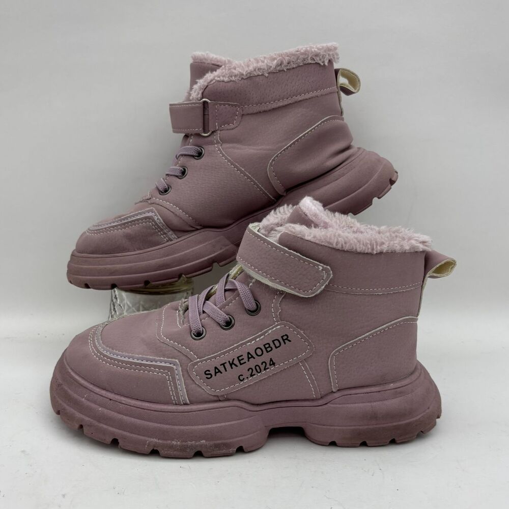 SATKEAOBDR Pink Faux Fur Ankle Boots EU 34 Small Size Chunky Lug Sole